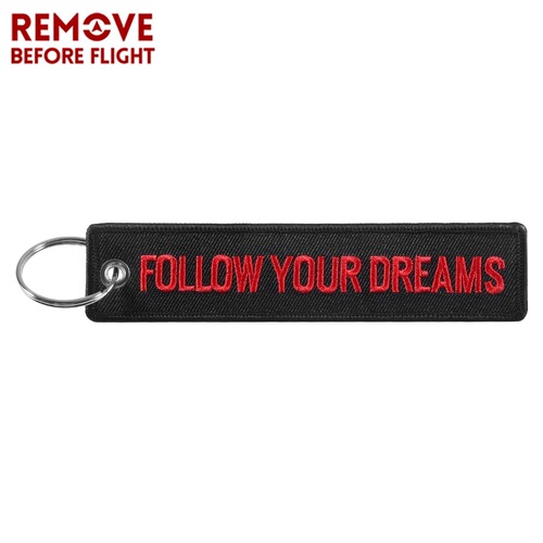 New Black Base Red Word FOLLOW YOUR DREAMS Embroidered Car Motorcycle Keychain