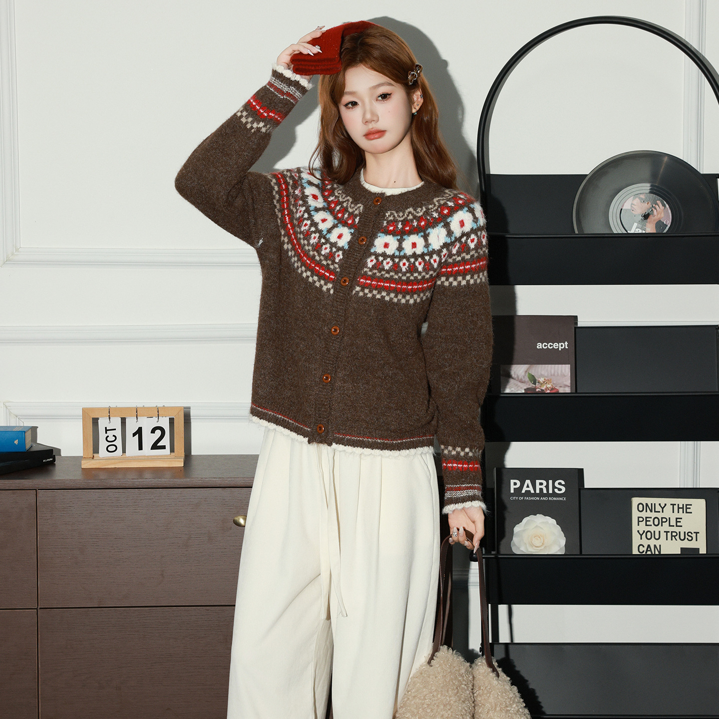 Jiyou Fair Isle High-End Thick Sweater Coat for Women 2026 Autumn and Winter Loose Color-Block Knit Cardigan Top