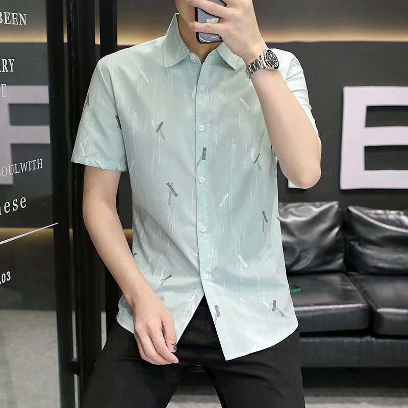 Short sleeve shirt men's summer thin PU handsome half sleeve shirt trendy casual loose Hong Kong style white inch coat