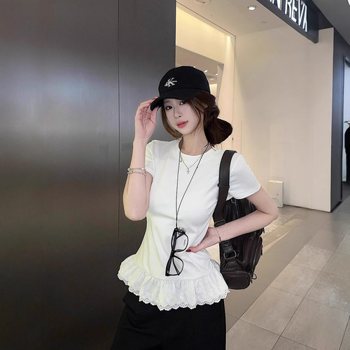 Gentle Sweet Girl Style Design Lace Splicing Short-Sleeve T-Shirt for Women 2025 Summer Fitted Slimming Student Top Trendy