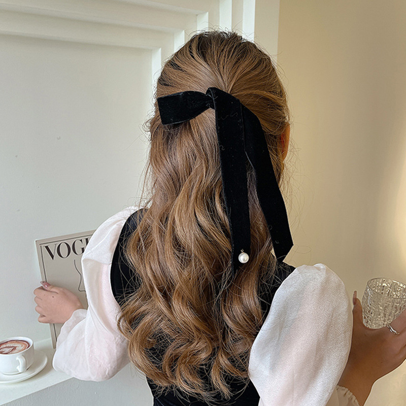 Korean-Style Elegant Hair Clip with Velvet Long Ribbon and Pearl Pendant, Duckbill Clip for Hair Styling and Updos