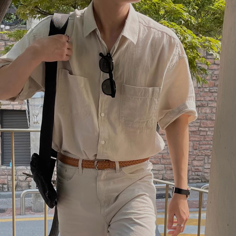Camisa POLO Camisa de solapa Camisa de manga corta para hombres británicos Ropa de trabajo de doble bolsillo de lino de negocios Camiseta de moda Comercio exterior transfronterizo al por mayor