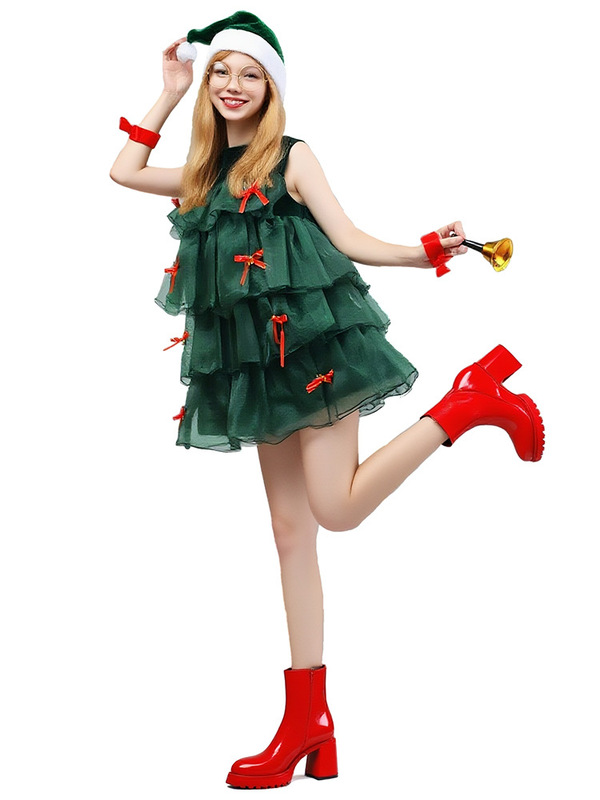 クリスマス新作ノースリーブグリーンケーキスカートコスプレクリスマスツリー祭りパーティー演出服舞台衣装女|undefined