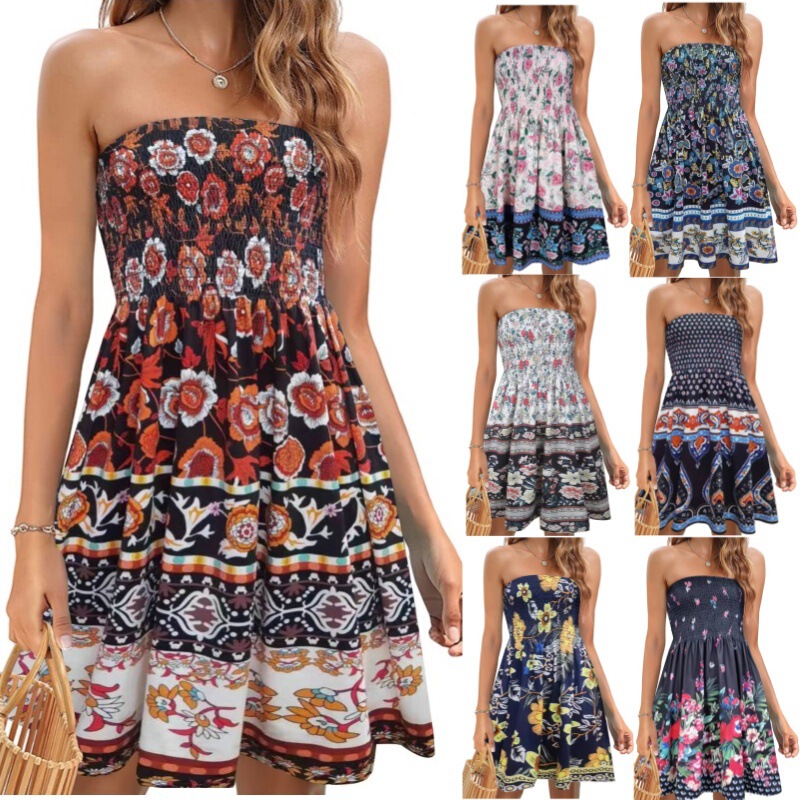 Europe and the United States cross-border women's clothing 2025 spring and summer Amazon new fashion printing beach vacation sexy tube dress