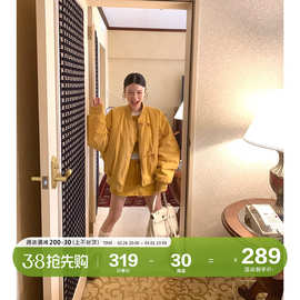 DULA好好家 美式黄色棒球服棉衣外套女冬宽松保暖飞行员夹克棉服