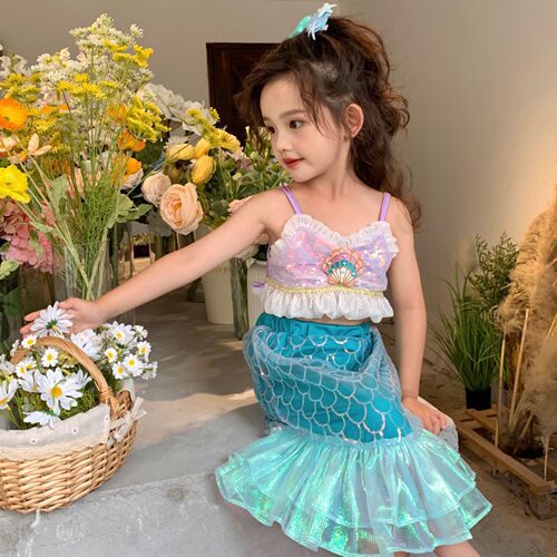 Children's Costume Mermaid Princess Glitter Straps Child Sleeveless Mermaid Girl Fish Tail Stylish Summer Dress Set