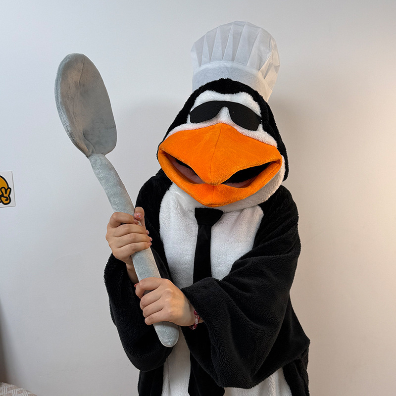 Funny Abstract Vulgar Penguin Hooded One-Piece Nightgown Autumn and Winter Coral Velvet Warm and Cute Sand Sculpture Home Wear Pajamas