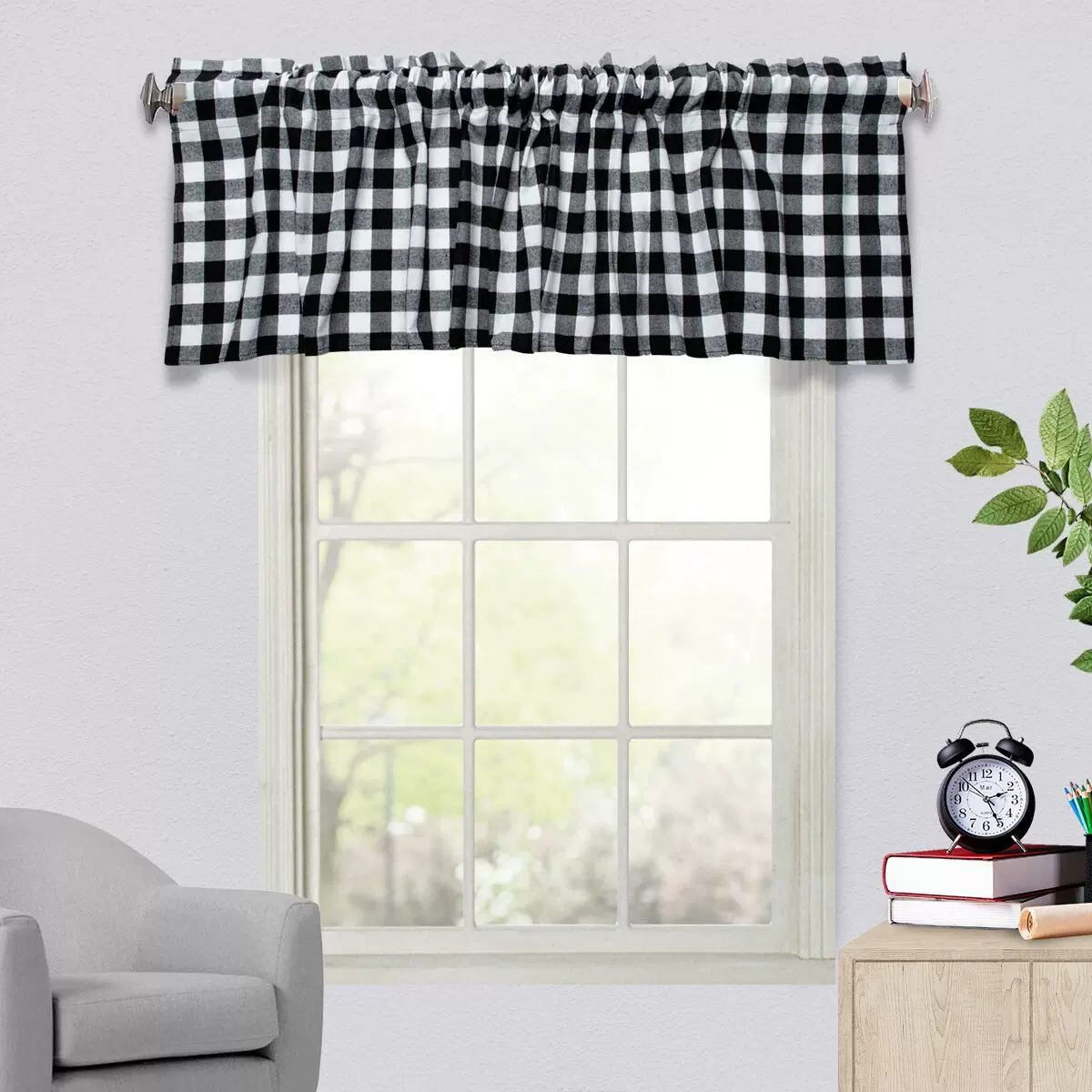 跨境格子小窗帘家庭套筒窗帘布全遮光简约黑白格子装饰半窗帘定制