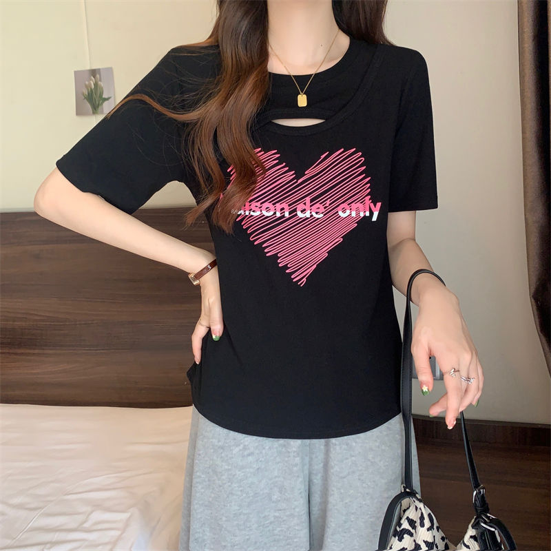 Más el tamaño de las mujeres ahuecadas de manga corta de las mujeres del verano 2023 nuevas mujeres de estilo coreano sueltas adelgazamiento todo partido superior de las mujeres