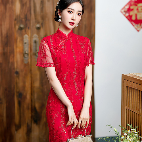 Retro Chinese Dress oriental Cheongsam for women red cheongsam female perspective lace evening dress with short sleeves modified high open