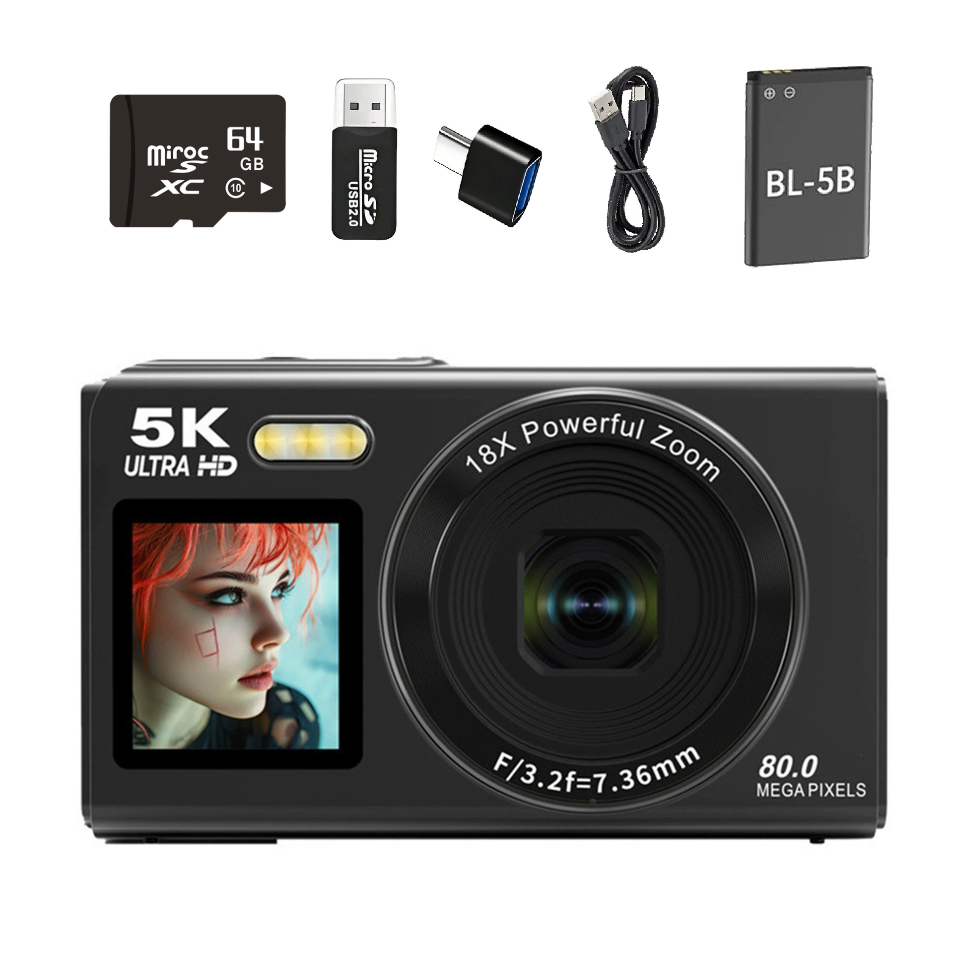 Цифровая камера ручная 5K Ultra HD, 18× зум, 80 Мп, компактная 21×15×10 см