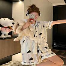 蓝调小黑猫卡通睡衣女夏季短袖云朵棉韩版可爱翻领家居服三件套装