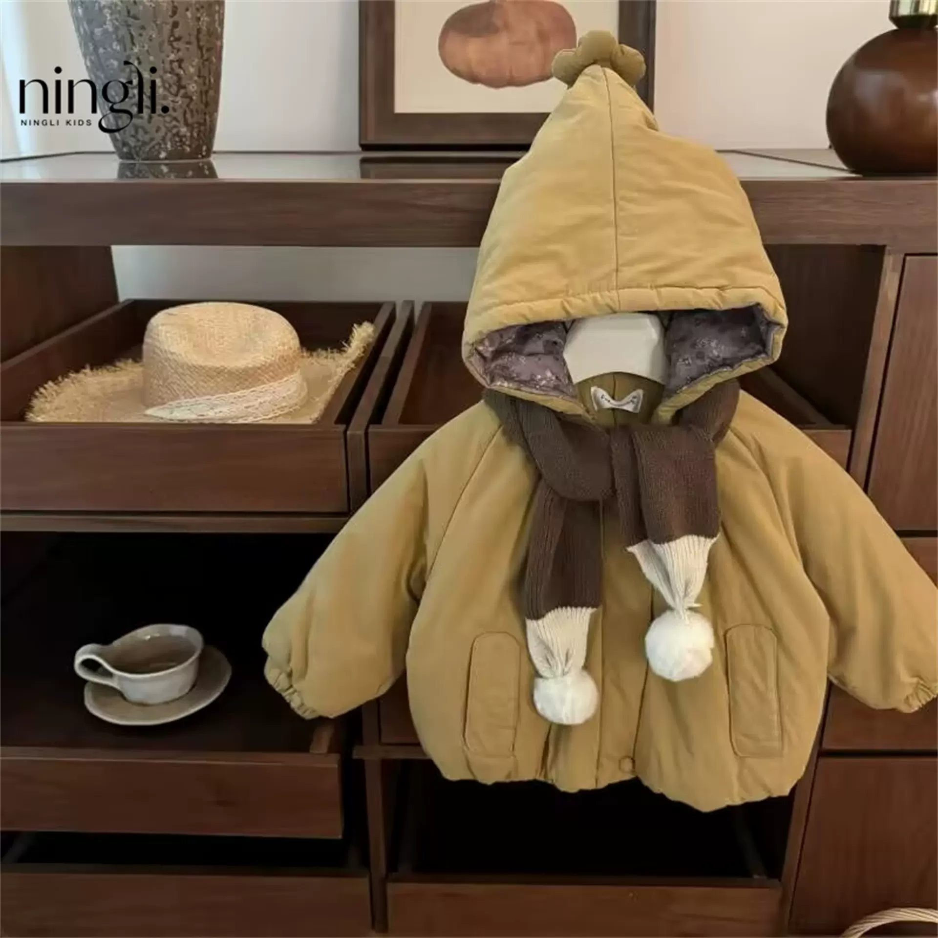 【送围巾】可爱暴击！原创女童加绒加厚连帽棉衣韩版宝防风大衣潮