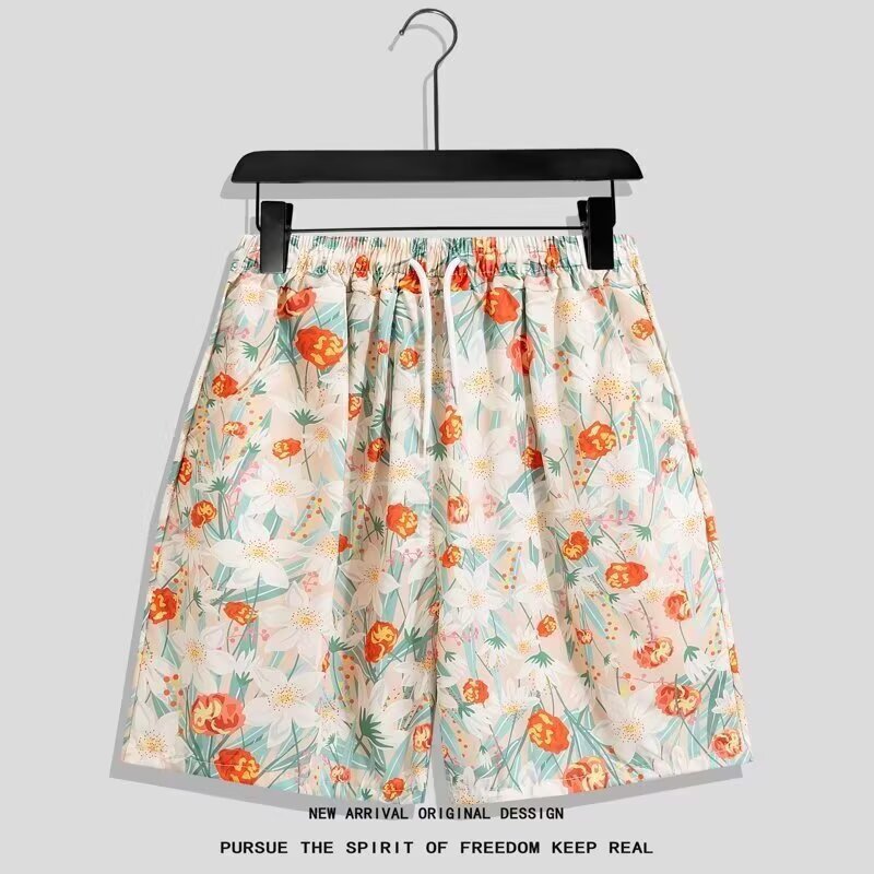 Hawaiian-style floral print beach shorts, trendy, niche, loose, casual, versatile, retro shorts