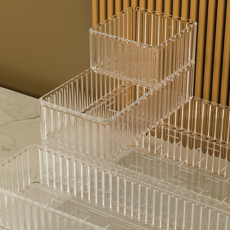 Caja organizadora transparente para cosméticos, productos de cuidado de la piel y perfumes, para lavabo o escritorio, con cajón y estante integrado.