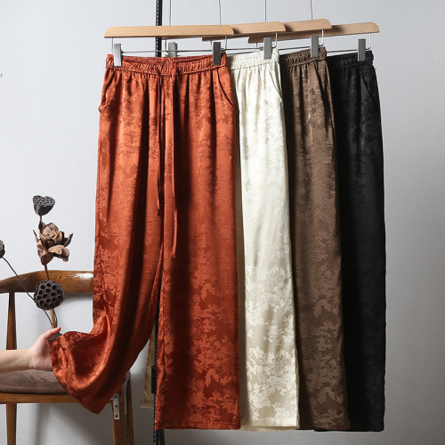 Classical all-matching satin elastic high waist New Chinese jacquard straight leg pants China style women's casual pants show leg length