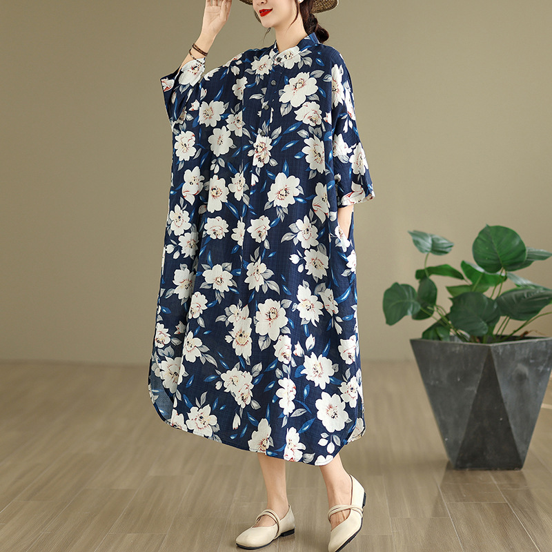 Autumn New Large-Size Foreign Trade Elegant Vintage Cotton-Linen Printed Stand-Collar Loose Long Vacation Dress Autumn New Large-Size Foreign Trade Elegant Vintage Cotton-Linen Printed Stand-Collar Loose Long Vacation Dress