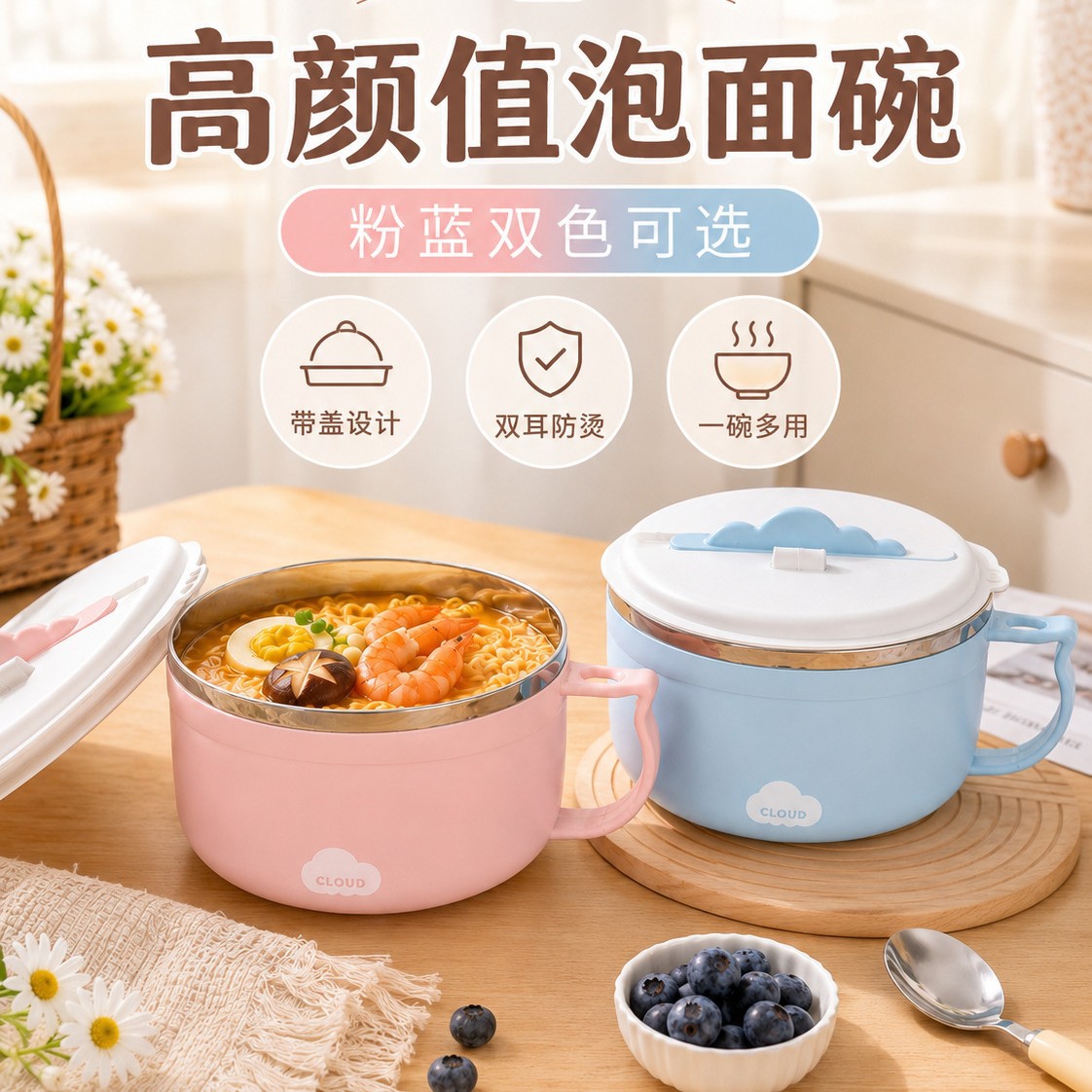 Cloud-shaped 304 stainless steel instant noodle bowl with lid, airtight, suitable for students, office workers, and as a cute and portable lunch box