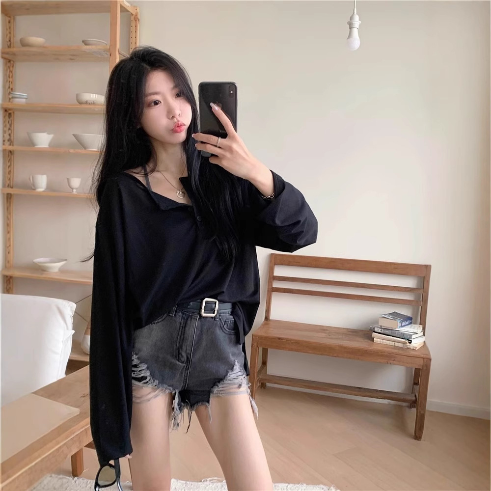 게으른 스타일 회색 버튼 긴팔 얇은 티셔츠 여성의 새로운 여름 느슨한 선 스크린 블라우스 춤 내부 탑