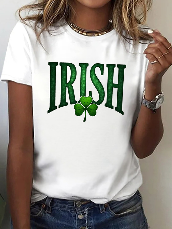 Plus Size Women's "Irish" Graphic T-Shirt - Green Clover Design, Casual Short Sleeve Round Neck, Top