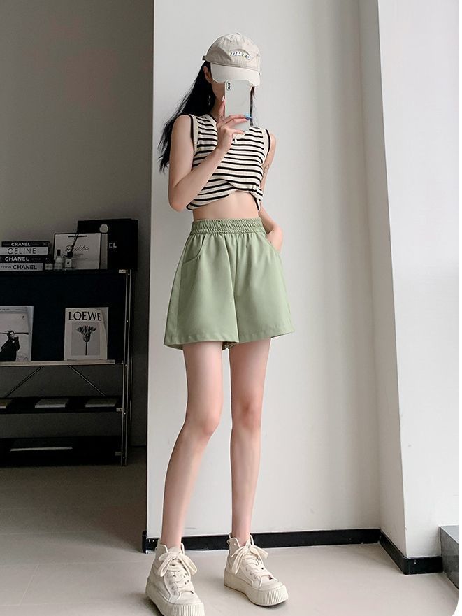 여성용 워싱 카고반바지, 여름 하이웨이스트 루즈한 카고팬츠, 한국형 다용도 A라인 팬츠, 아우터용 얇은 3부팬츠