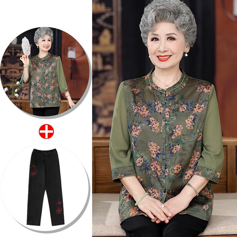 Пожилые люди весеннее платье бабушки семь рукавов рубашка свекровь шифонтан мама весна лето рубашка цвет 2024 новый стиль