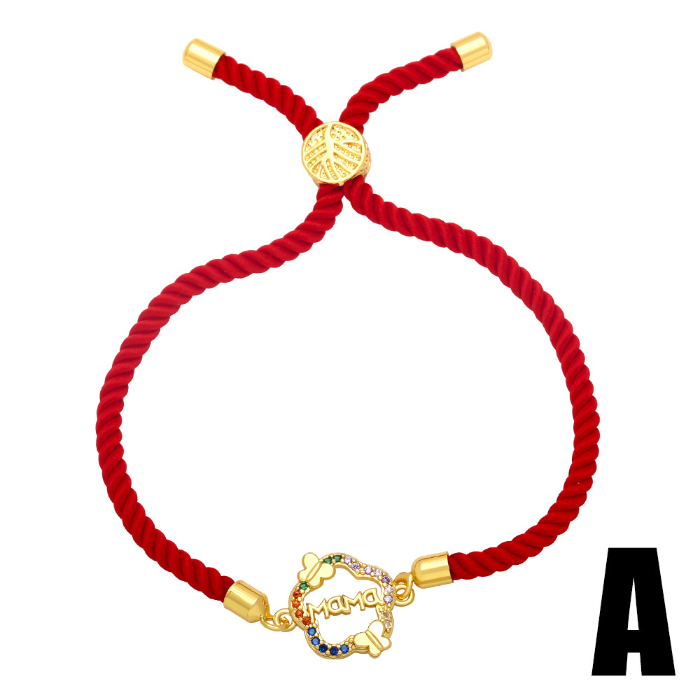 Copper 18K Gold-plated Inlaid Zircon Mama Heart Flowers Red Rope Bracelet