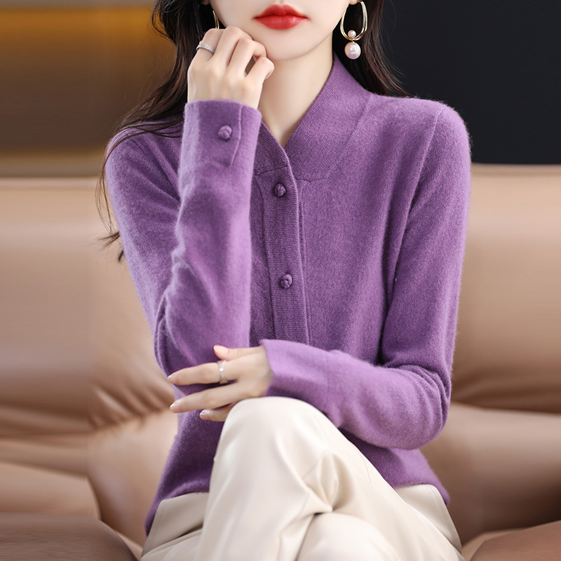 2023 Vintage Ethnic Chinese Style Vertical Collar Wool Cardigan Women's Loose Sweater Knitted Wool Hand Button Coat