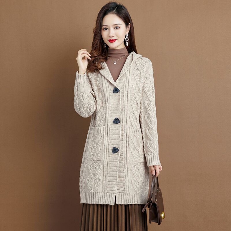 2025 New Autumn and Winter High-End Mid-Length Sweater Jacket for Women Thickeneded Hooded Outer Wear Large Size Pure Color Knitted Cardigan