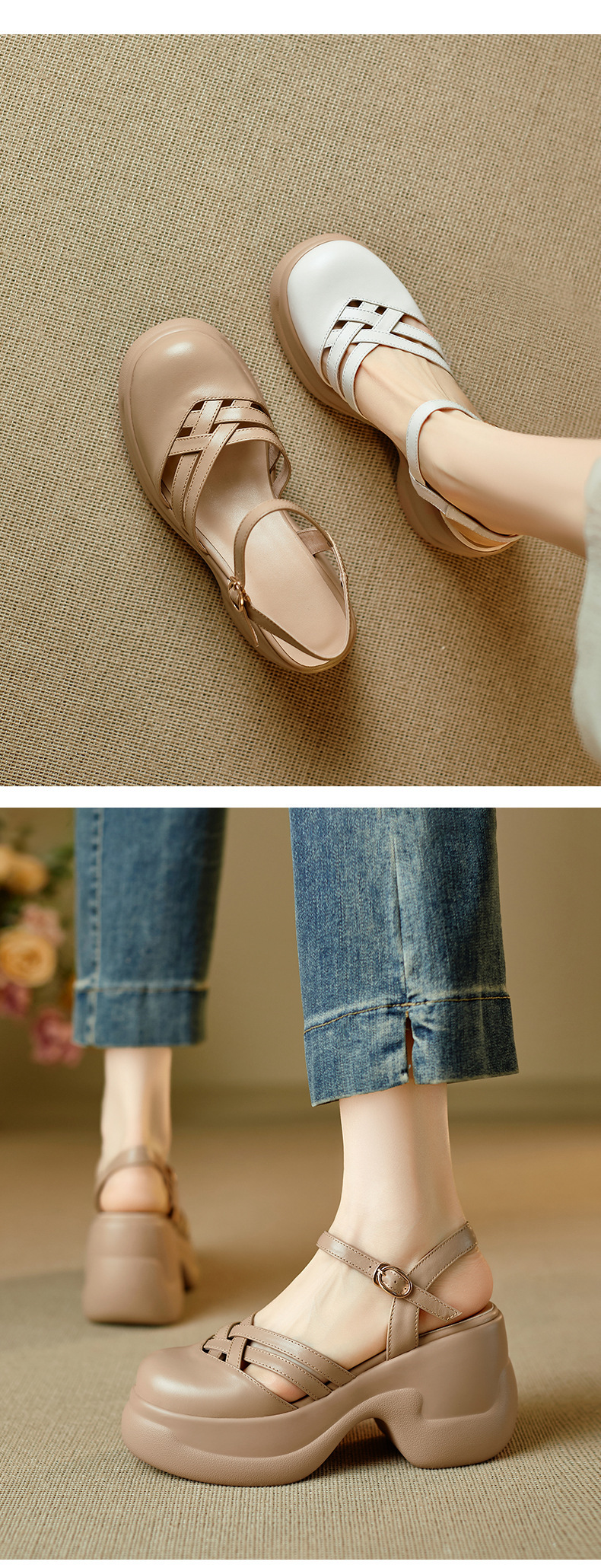 Sandal nữ quai chữ V đế bánh xốp dày dệt lồng phong cách La Mã — màu trắng ngà chi tiết 3