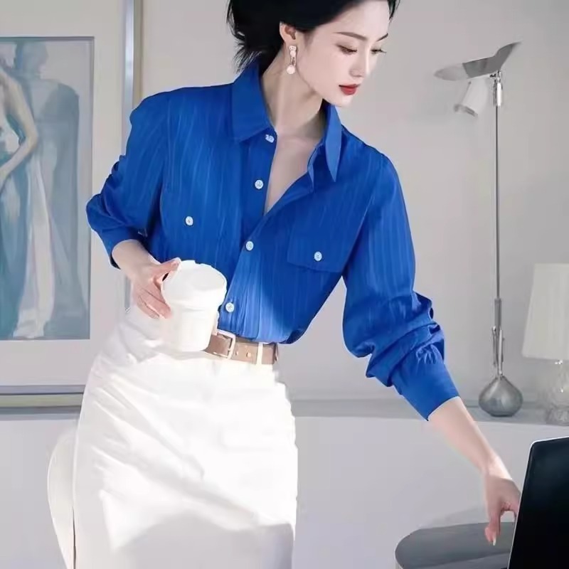 早秋穿搭盐系轻熟气质高级感蓝色衬衫半身裙两件职业套装2025女装|undefined