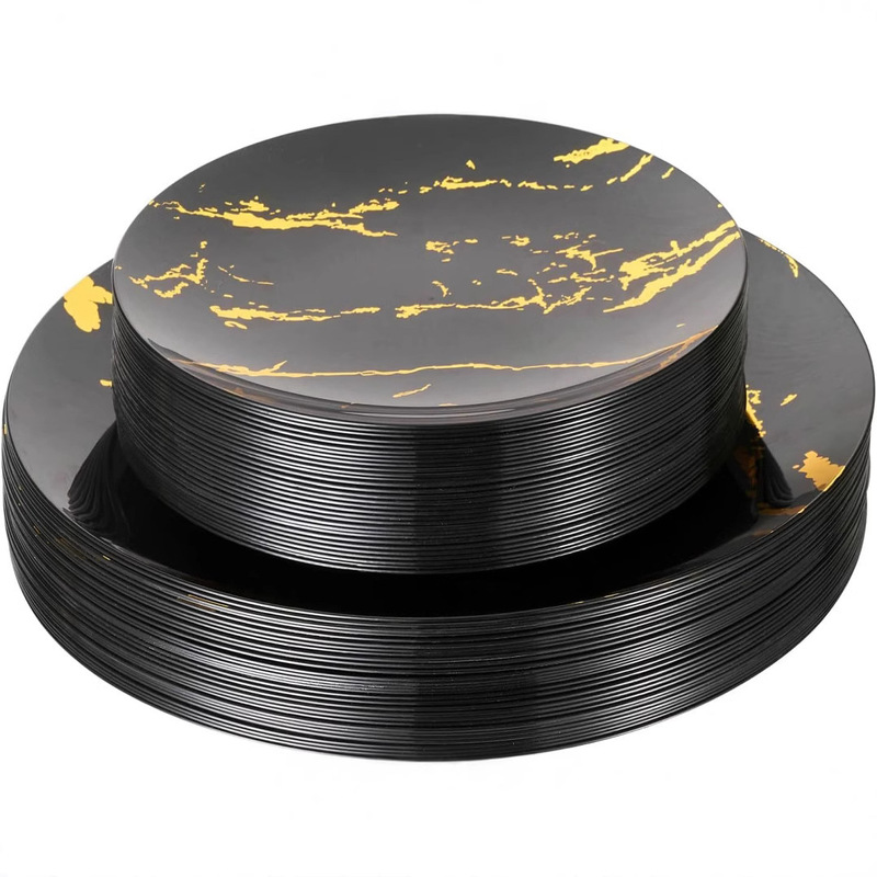 Hard Plastic Disposable Dinner Plate Black Marble Plate Black Bottom Gold Western Dinner Plate White Gold Edge Dinner Plate