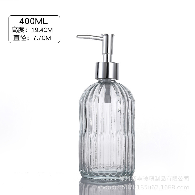 400ML; Botella transparente + cabeza de bomba de plata; vidrio