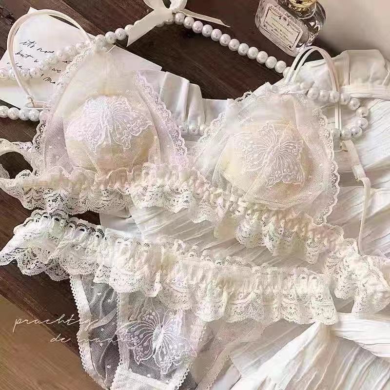 French Cream Mesh Butterfly Embroidery Lace Sexy Triangle Cup Underwear No Rim Thin Rabbit Ear Bra Set