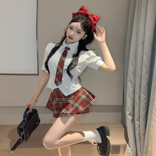 美式学院风套装jk制服衬衫上衣女可爱甜美红格子半裙两件套X7434