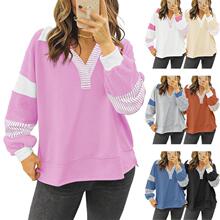 V 37274 Striped color block deep V sweatshirt ����ƴɫ�� V