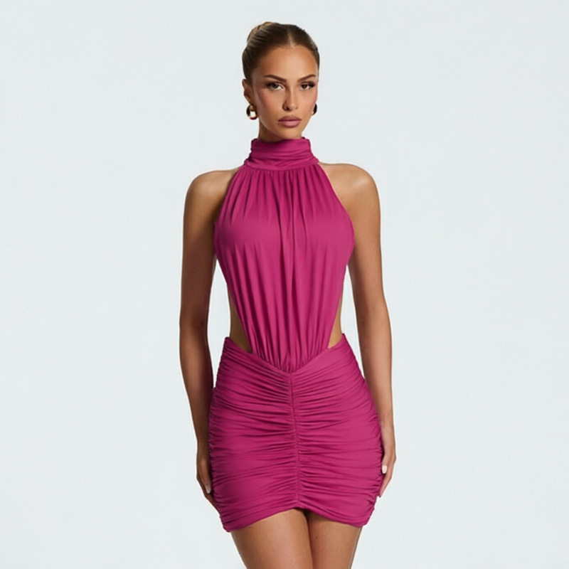 Europa y los Estados Unidos de comercio exterior ropa de mujer 2026 verano nuevo color sólido de cuello alto sin mangas plegado sexy mochila vestido de cadera mujer