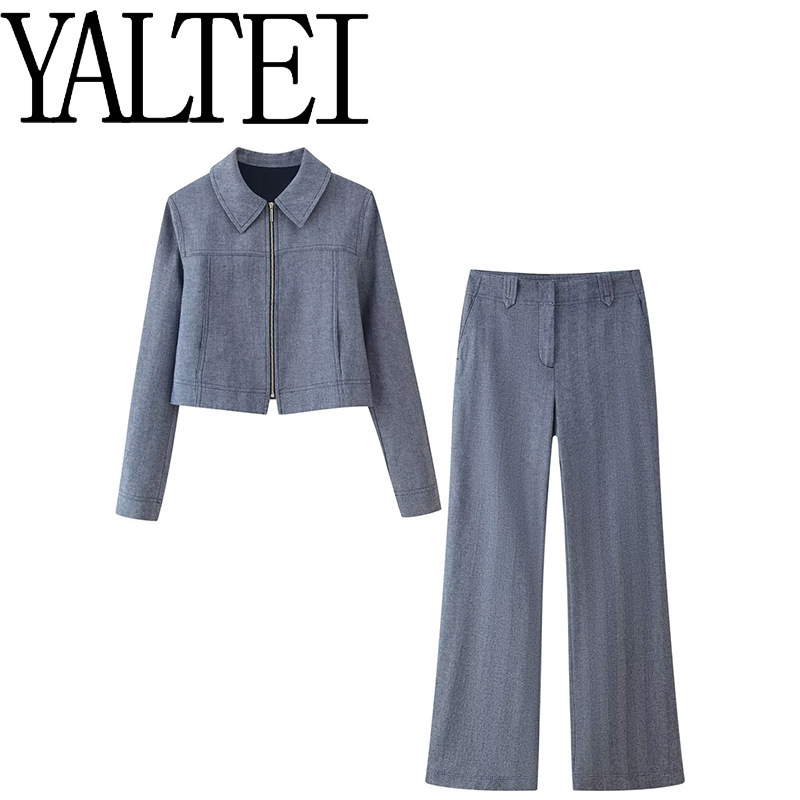 YALTEI跨境速卖通ins欧美外贸 女装 拉链西装外套绊带缉线饰长裤|undefined