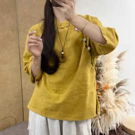 新中式亚麻衬衫女2026夏季新款文艺复古立领彩扣宽松百搭衬衣开衫
