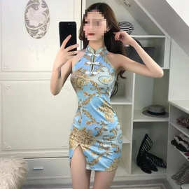 网红直播衣服女主播服装上镜性感改良印花礼服旗袍收腰连衣短裙夏