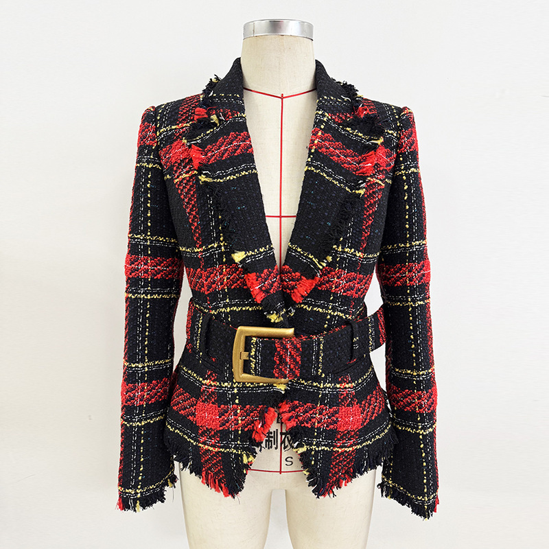 High Street Fashion 2026 Early Spring New Style High-End Line-Patterned Tweed Slim-Fit Jacket with Belt High Street Fashion 2026 Early Spring New Style High-End Line-Patterned Tweed Slim-Fit Jacket with Belt