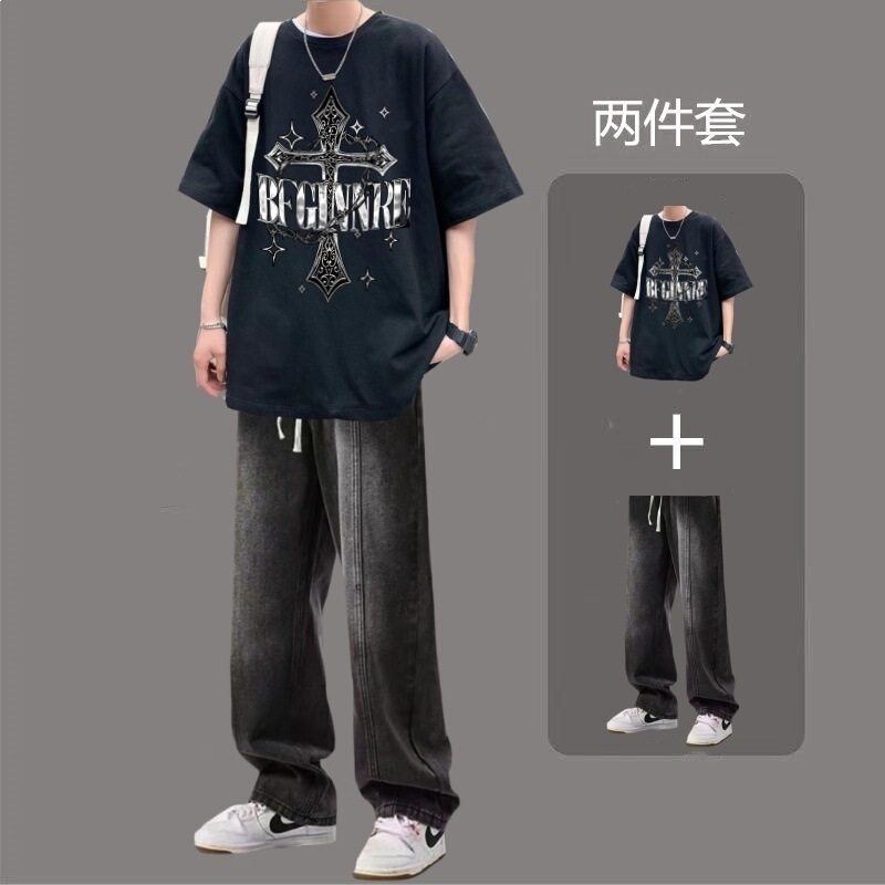 Summer Hong Kong Style Outfit: Short-Sleeved Men's Straight Loose Denim Pants, Trendy Brand Set with Stylish Half-Sleeve Suit Summer Hong Kong Style Outfit: Short-Sleeved Men's Straight Loose Denim Pants, Trendy Brand Set with Stylish Half-Sleeve Suit