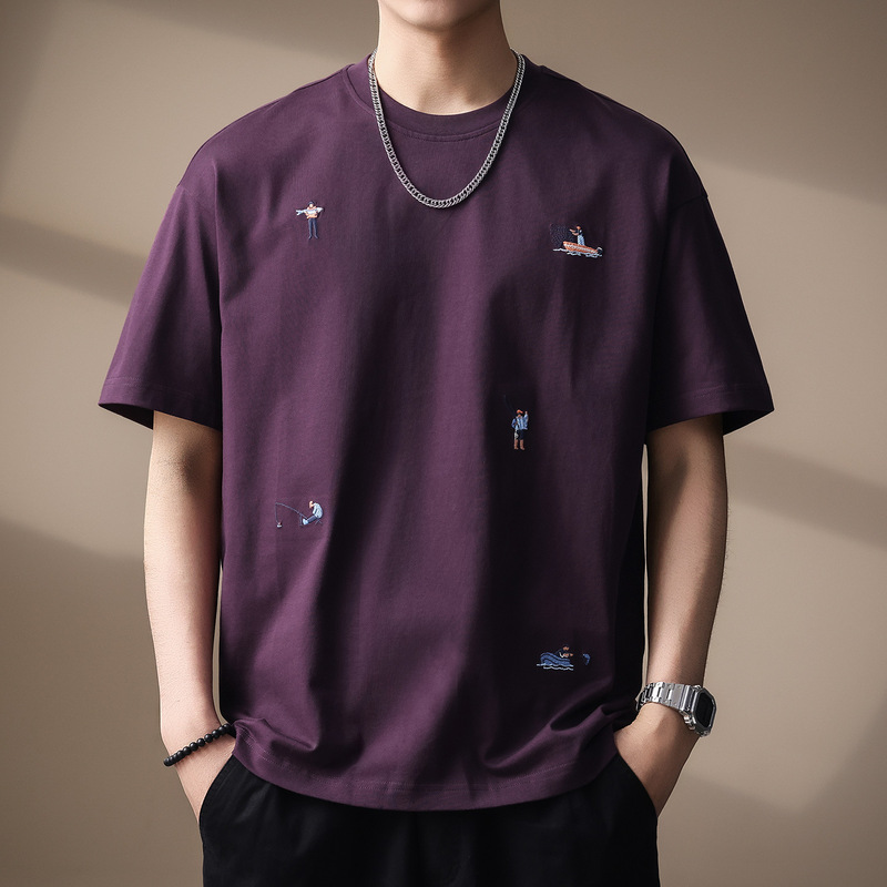 High-End 260g Heavyweight Fun Embroidered Pure Cotton Short-Sleeved Summer New Japanese Style Loose Cotton Round Neck Men's T-Shirt