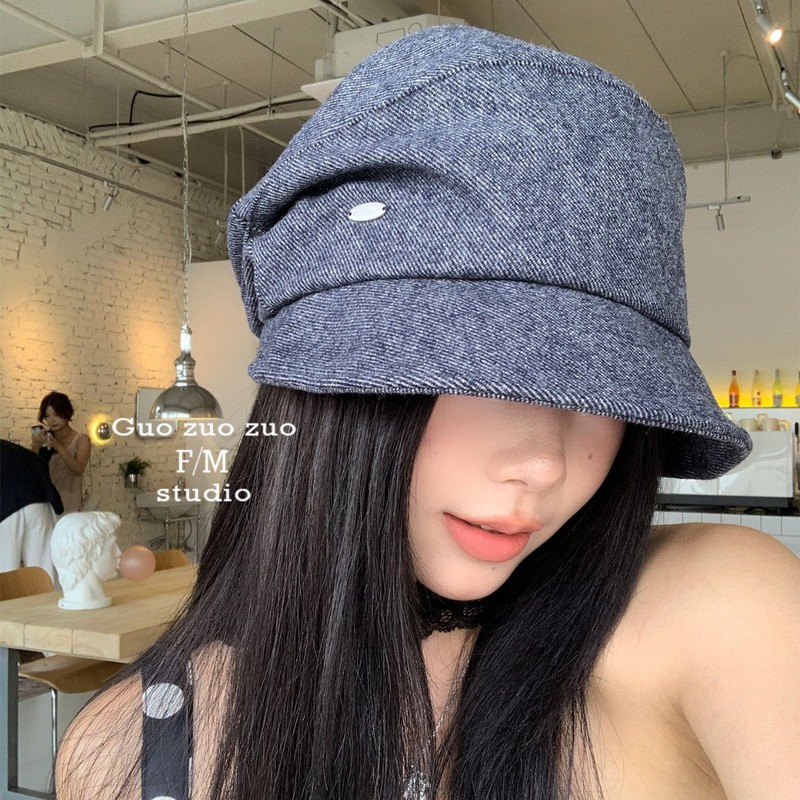 日本设计师！复古褶皱堆堆帽子贝雷帽女高级感牛仔渔夫帽大头围潮|undefined