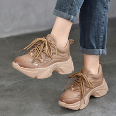 厚底老爹鞋真皮休閒鞋女鞋2024春季新款頭層牛皮低幫百搭中跟鞋子