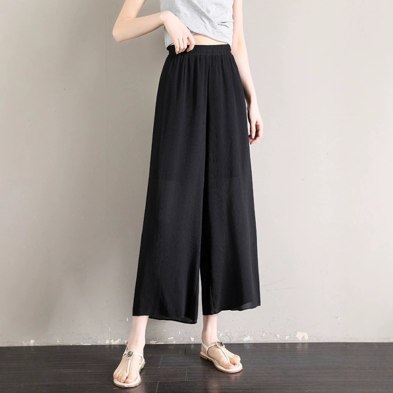 Chiffon Wide-Leg Pants for Women, High-Waisted, Nine-Tenths Length, Drapey, Summer Thin Style, Flowing Straight-Leg Ice Silk Skirt Pants, Seven-Tenths Length Casual Gauze Pants
