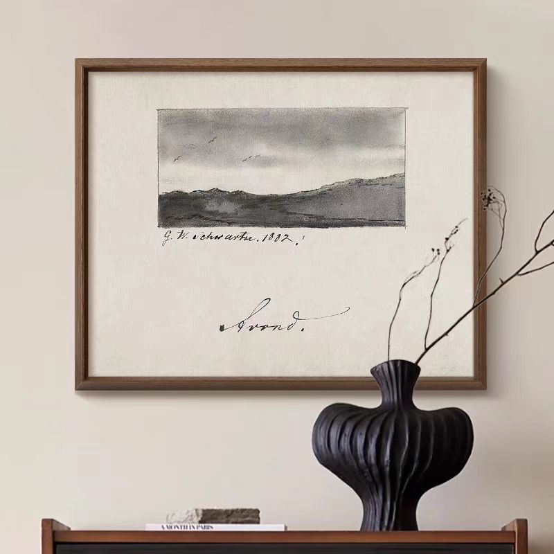 Sketch Far Mountain French Retro Black and White Landscape Decoration Paintings Restaurant Antique American Entrance Art Hanging Painting