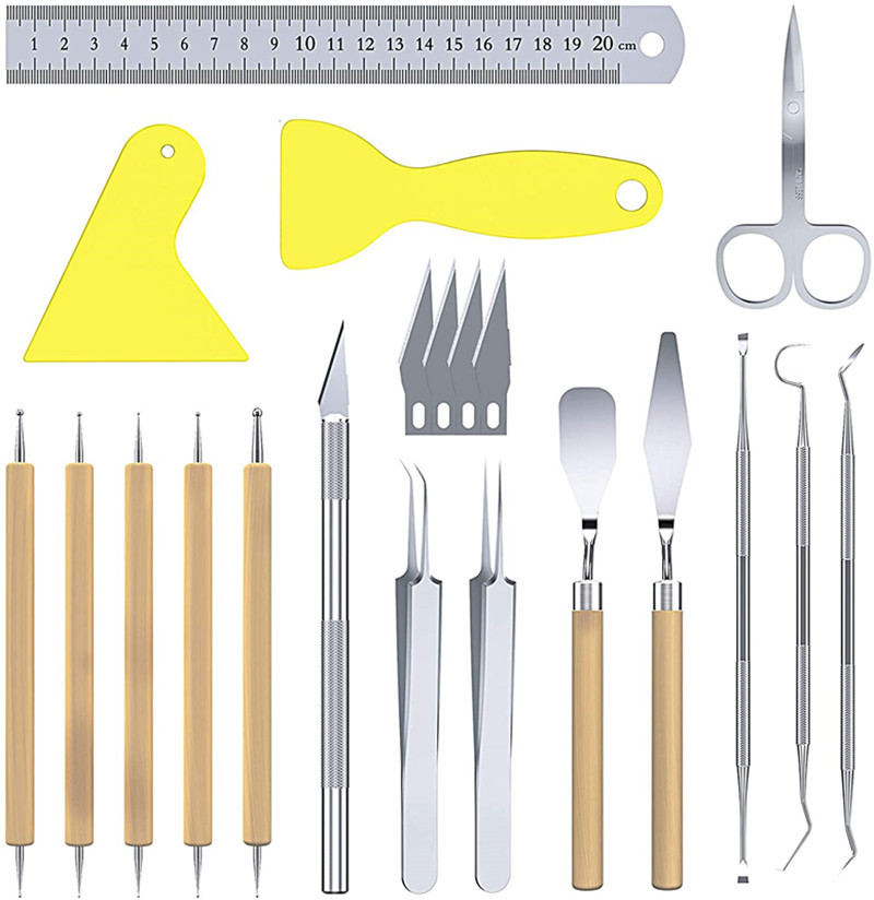 跨境21件乙烯基除草工具套 diy剪影浮雕刻字工具陶泥工具陶艺雕刻