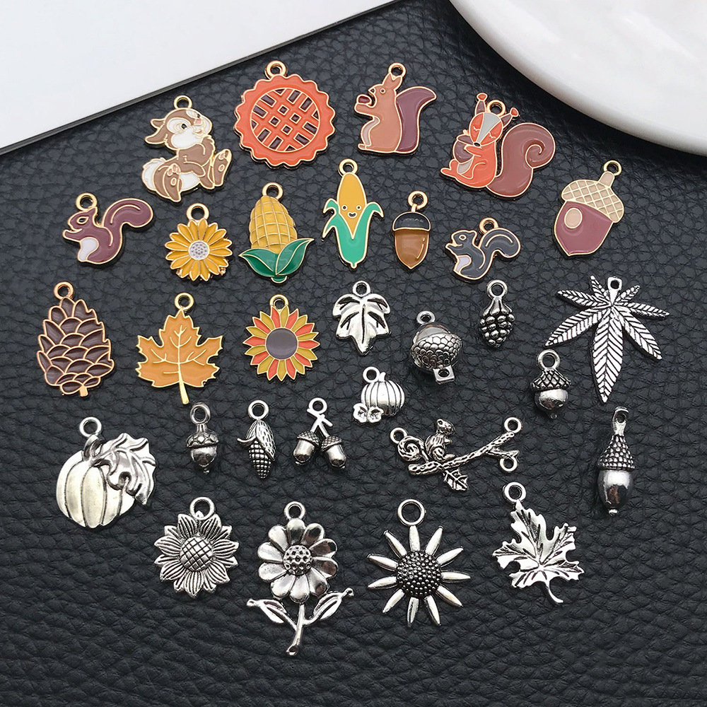 跨境感恩节南瓜枫叶松鼠玉米松果饰品配件钥匙扣耳环项链diy吊坠详情13