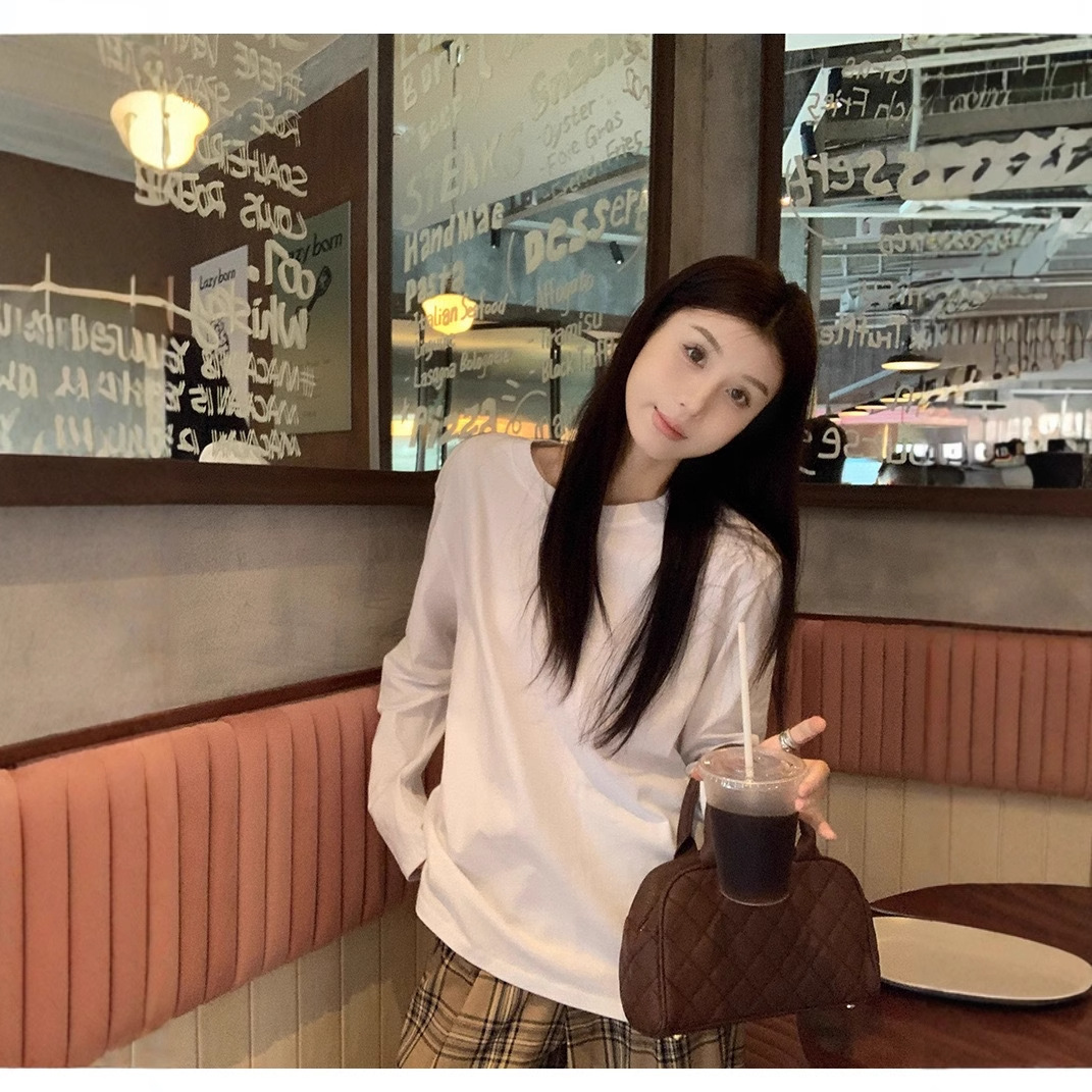 Comercio exterior explosivo primavera / otoño camiseta de manga larga mujer nuevo color sólido suelto con camiseta de base ropa de mujer coreana chaqueta superior